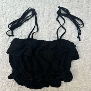 Miou Muse Linen Ruffled Crop Top in Black Small